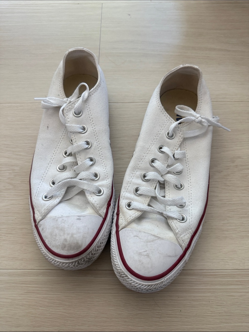 Converse White Canvas Low-Top Sneakers with Red and Black Accents
